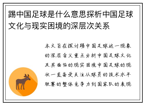 踢中国足球是什么意思探析中国足球文化与现实困境的深层次关系