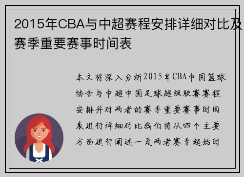 2015年CBA与中超赛程安排详细对比及赛季重要赛事时间表