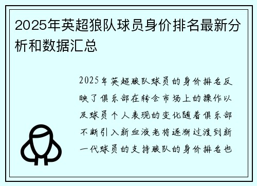 2025年英超狼队球员身价排名最新分析和数据汇总