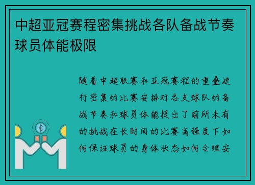 中超亚冠赛程密集挑战各队备战节奏球员体能极限